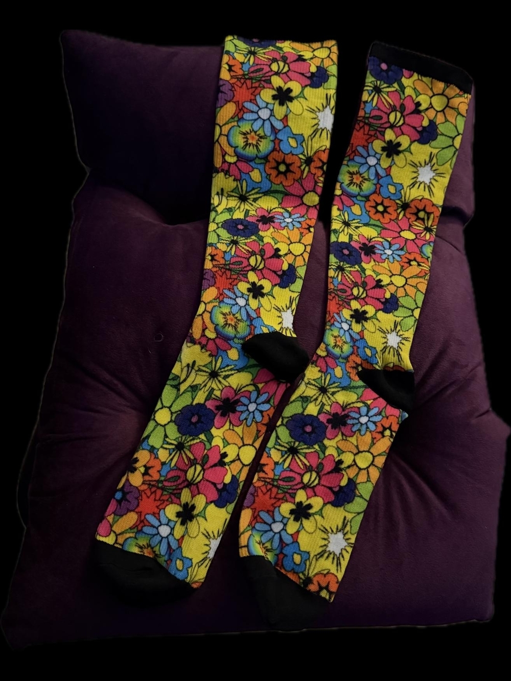 Vibrant Yellow Floral Crew Cmoression Socks - Woman's Colorful Patterned Socks